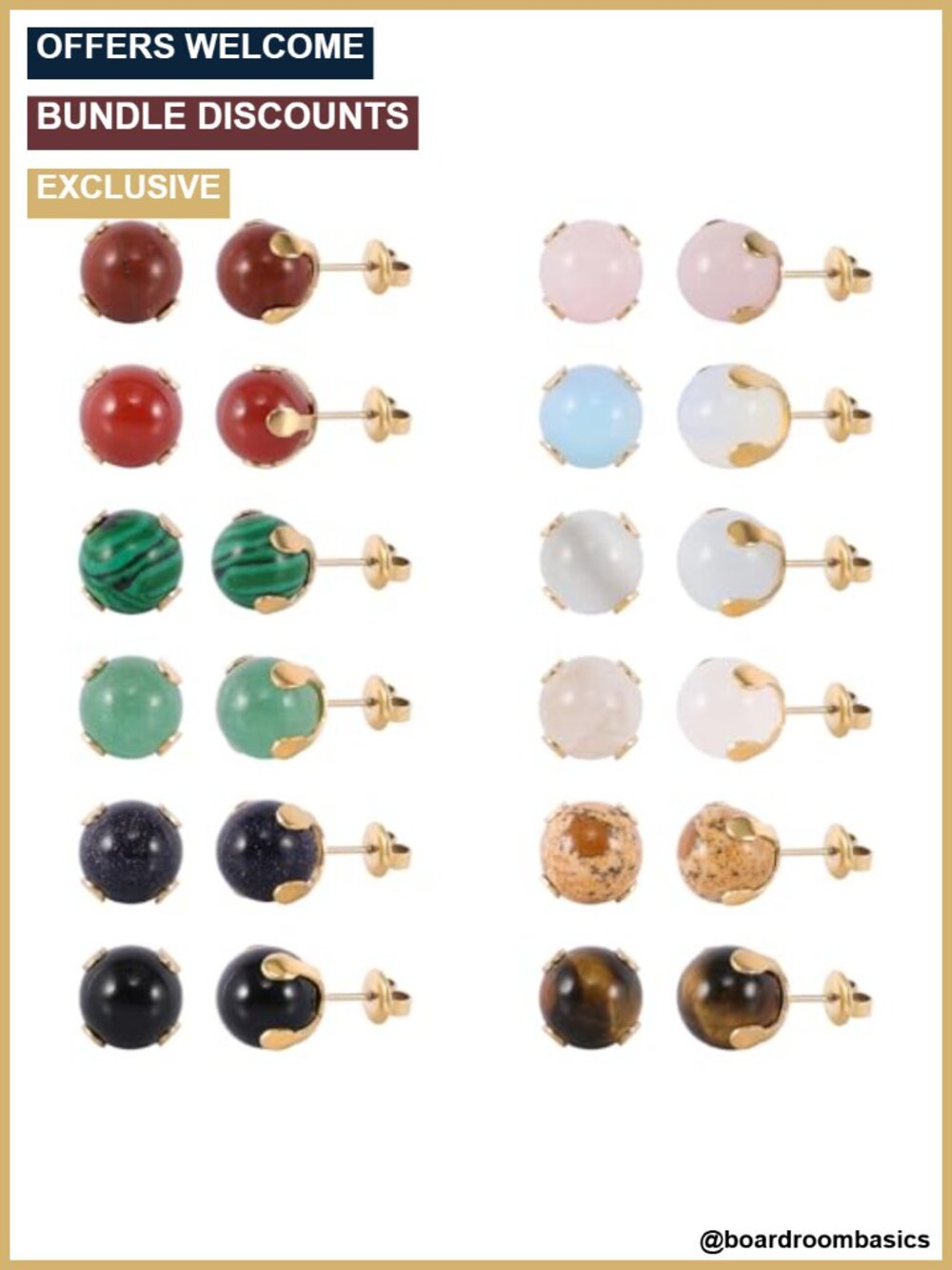 12 Pair Multi Gemstone Stainless Steel Stud Earrings 6mm 8mm 10mm